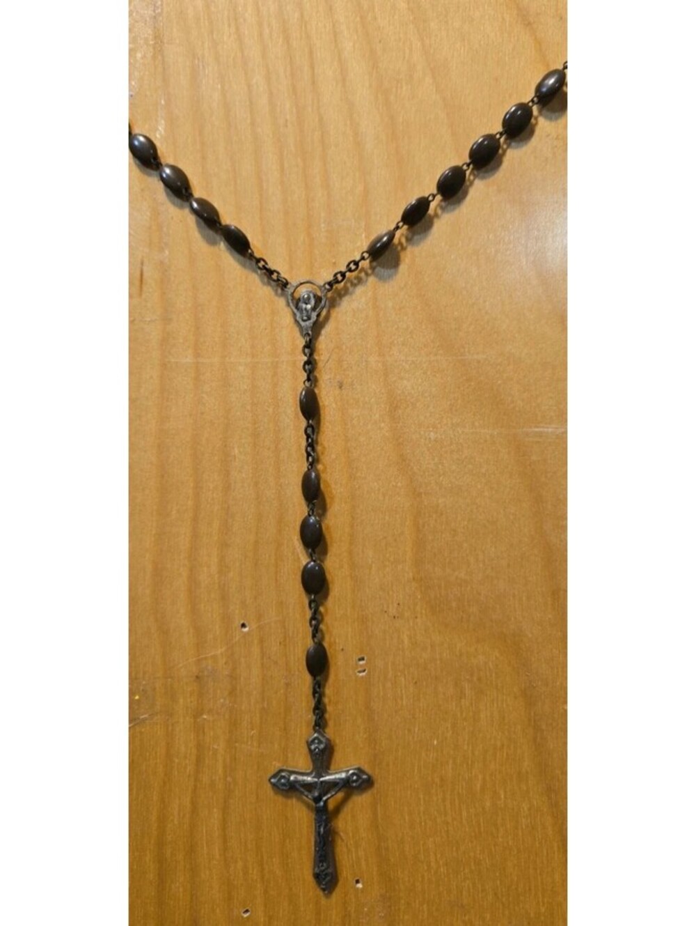 Crucifix Rosary Italy Brown Metal? Beads Necklace Goldtone Cross 30"+7" Pendant